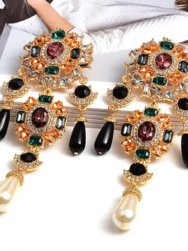 New Bohemian Vintage Metal Colorful Crystals Dangle Drop Earrings Hanging Pearls