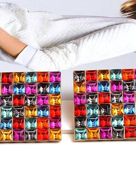 Square Metal Studded Full Colorful Crystals Drop Earrings