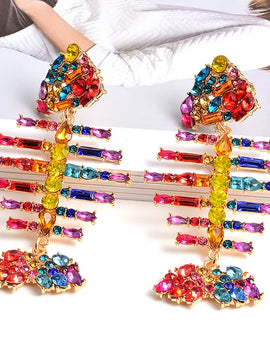 Colorful Rhinestones Metal Fishbone Shaped Earrings  Jewelry Accessories