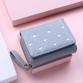 Women's Wallet Short Chic Embroidered Heart Coin Purse Female Tri Fold Card Holder PU Leather Multi-Card Wallet