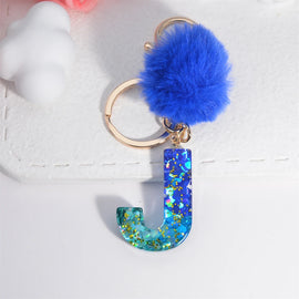 A-Z Sequin Filled Resin Initials Keychain with Blue Pompom