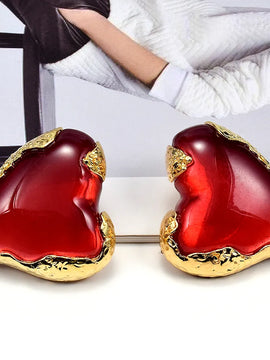 Vintage Statement Baroque Love Heart Metal Resin Stud Earrings