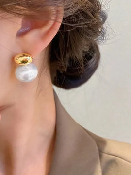 Elegant Gold Color Bean Spliced Flat Pearl Earrings